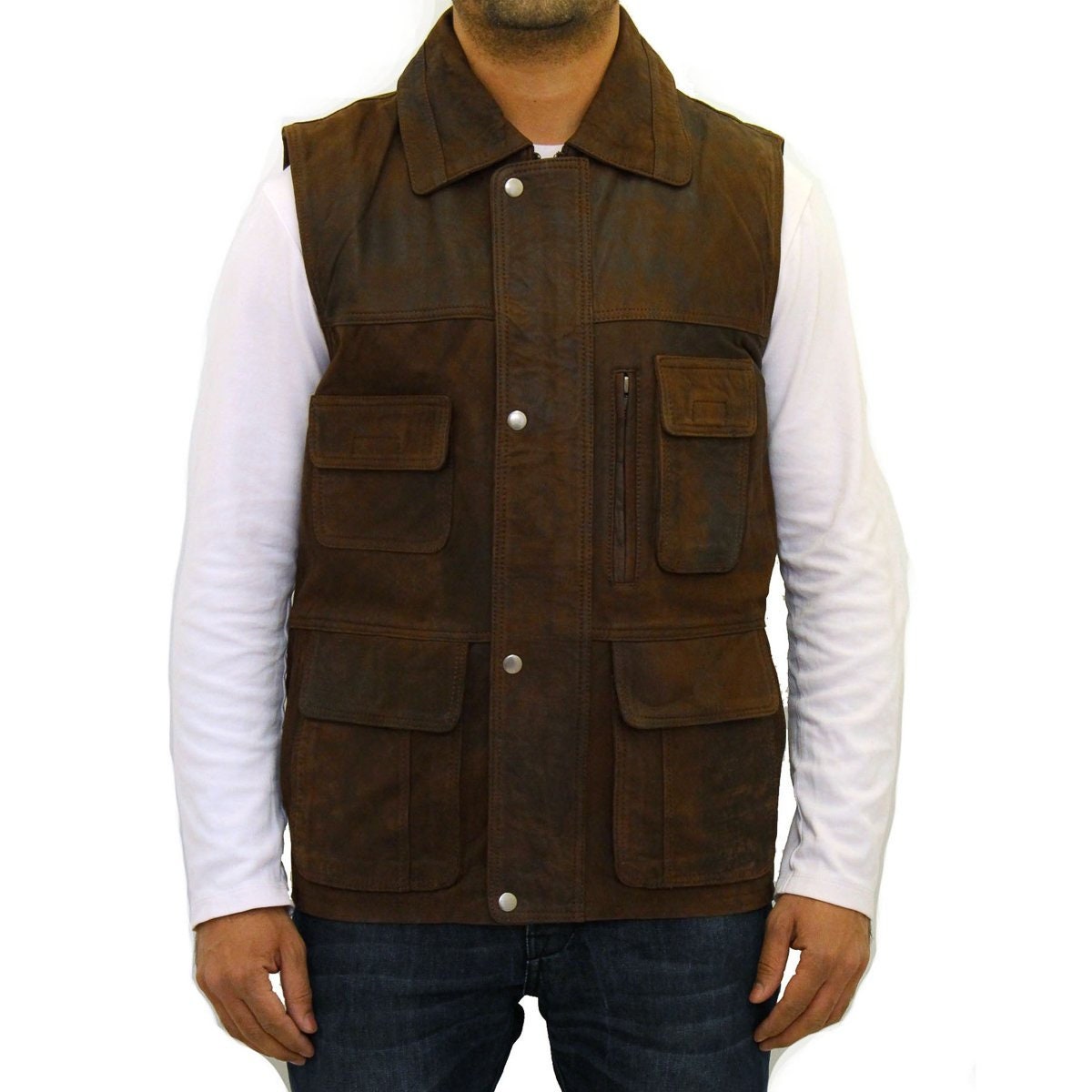Image of Men's Brown Leather Gilet/Waistcoat With Multiple Pockets