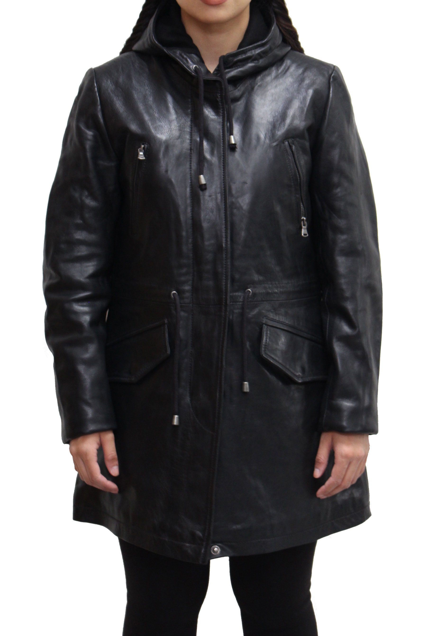 Womens Real Leather Stylish Black Hooded Parka Trench Coat | Etsy