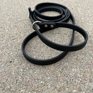 May include: A black leather dog leash with a silver metal ring and two silver metal rivets.