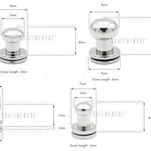 May include: Three silver metal furniture knobs with a round top and a screw. The knobs are 8 mm in diameter and have a screw length of 6 mm. The knobs are shown against a white background.