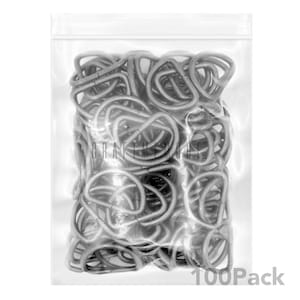 May include: A clear plastic bag filled with 100 silver metal D-rings. The bag has a zipper closure and the text "100Pack" is printed on the bottom right corner.