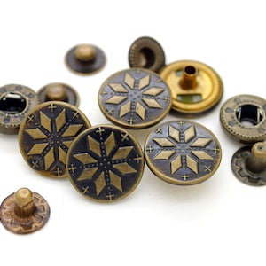 10sets Antique Brass Snowflake Buttons Snap Fasteners Washable S-Spring Socket Popper Decorative Closure