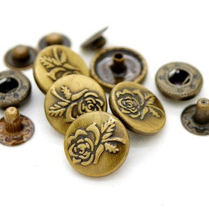 10sets Antique Brass Rose Buttons Snap Fasteners Washable S-Spring Socket Popper Decorative Closure