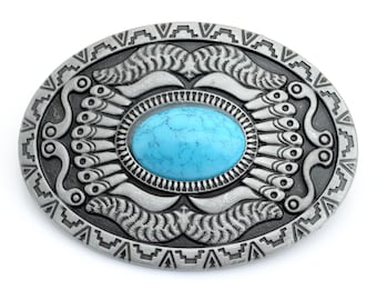 Boucle de ceinture concho turquoise du sud-ouest - Boucle cowboy ovale, convient à des sangles de 38 mm (1,5 po.) SP18