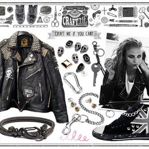 May include: A black leather jacket with silver studs and patches, a silver chain, a black and white patterned shoe, and a silver carabiner clip. The jacket has the text "Craft Me If You Can?" on it.