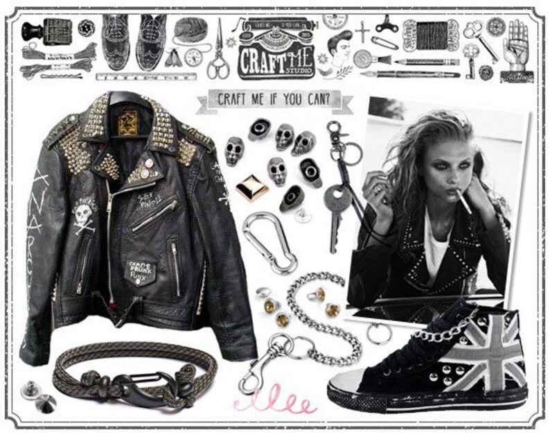 May include: A black leather jacket with silver studs and patches, a silver chain, a black and white patterned shoe, and a silver carabiner clip. The jacket has the text "Craft Me If You Can?" on it.