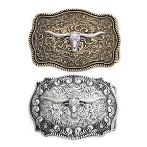 Longhorn Steer Belt Buckle – Western Rodeo Cowboy Style | Antique Brass & Silver Options Fits belts up to 1 1/2&quot; SPA12