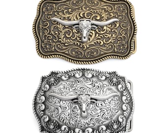 Longhorn Steer Belt Buckle – Western Rodeo Cowboy Style | Antique Brass & Silver Options Fits belts up to 1 1/2" SPA12