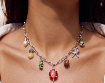 Colorful Whimsical Charm Necklace, Silver Paperclip Chain with Red Polka Dot Glass and Starfish