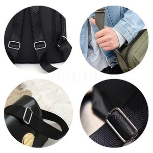 May include: Close-up of a black backpack with adjustable straps and silver buckles. The backpack has a zippered pocket on the front and a large main compartment.