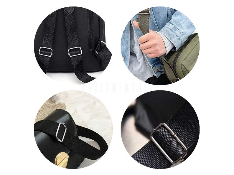 May include: Close-up of a black backpack with adjustable straps and silver buckles. The backpack has a zippered pocket on the front and a large main compartment.