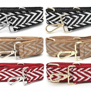 May include: Four different chevron patterned adjustable straps with silver and gold clasps. The straps are black and white, beige and white, red and white, and brown and white.
