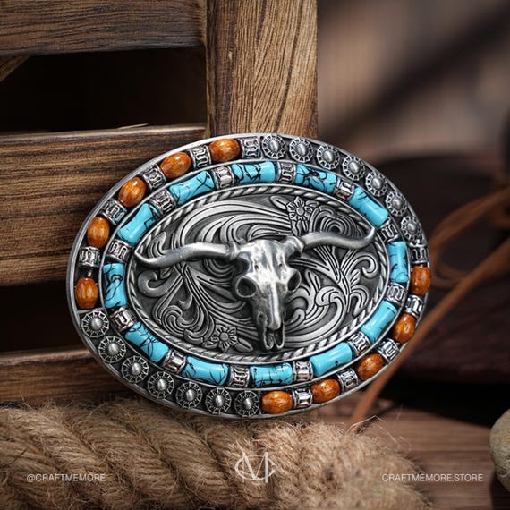 Western Rodeo Belt Buckle – Oval Longhorn Skull With  display picture 1