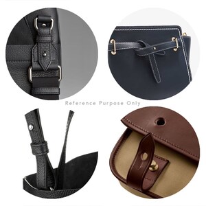 May include: Close-up details of different leather bags, showing the straps, buckles, and stitching. The bags are in various colors, including black, brown, and navy blue.