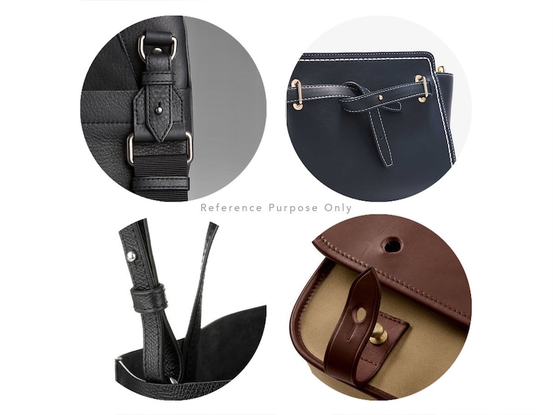 May include: Close-up details of different leather bags, showing the straps, buckles, and stitching. The bags are in various colors, including black, brown, and navy blue.
