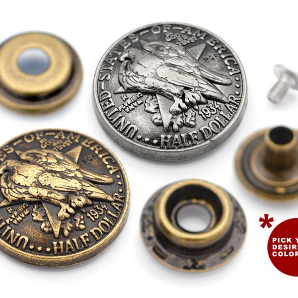 2sets 1inch Eagle Dollar Coin Concho Snap Fasteners Ring-Socket Snaps Button Wallet Decorative Closure DIY Leather Craft
