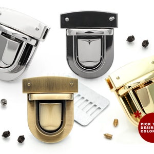 May include: Four metal purse clasps in different finishes: silver, black, gold, and antique brass. Each clasp has a rectangular top piece and a rounded bottom piece with a small opening. The clasps are arranged in a square pattern on a white background.  "Pick your desired color!" is written in red text on a white background.