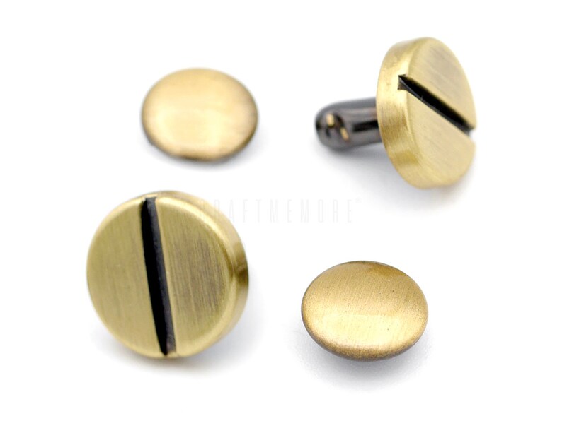 May include: Four brass-colored metal rivets with a black line down the center. Two of the rivets have a flat back, and two have a threaded back.