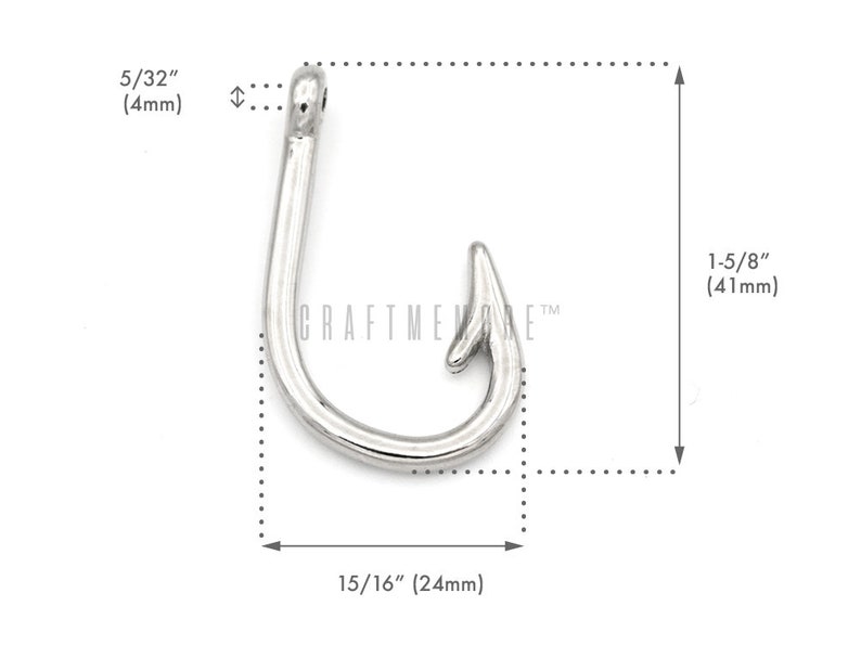 May include: Silver-toned metal hook charm, measuring 1-5/8 inches in length and 15/16 inches in width. The hook is a simple design with a rounded point and a loop at the top.