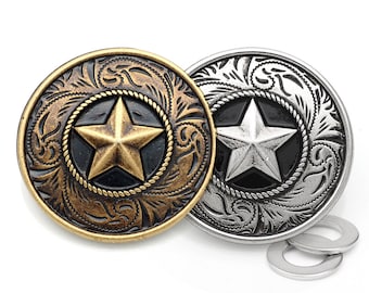 2 conchos Navajo de Estrella de 1-1/4" con cierre de rosca, estilo vintage, con escudo de batalla vaquero, adorno de cuero (CHS47)