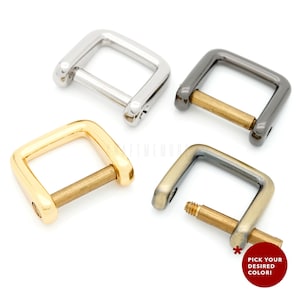 May include: Four metal square buckle closures in different finishes: silver, black, gold, and antique brass. Each buckle has a screw post and a matching screw.