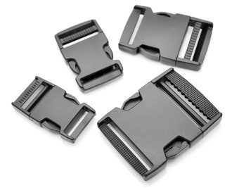 May include: Four black plastic side release buckles. The buckles are designed to be used with webbing or straps.