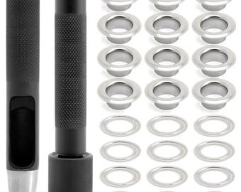 Gereedschapsset doorvoertules | 3/16", 1/4", 5/16" gereedschap voor het plaatsen van oogjes met perforator | 100 zilveren doorvoertules