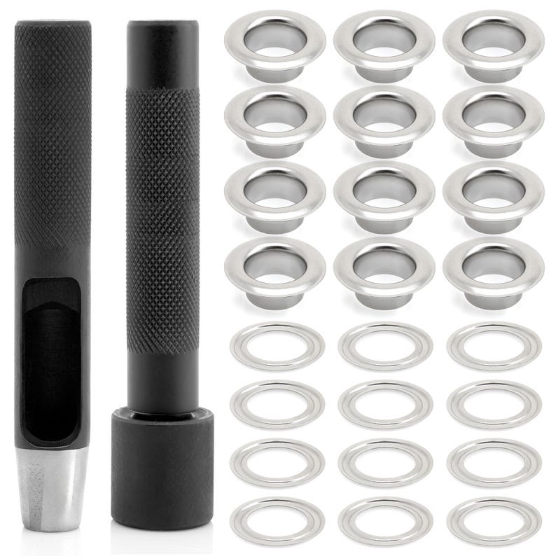 Grommet Tool Kit | 3/16", 1/4", 5/16" Eyelet Setting Tool with Hole Punch | 100 Silver Grommets image 1