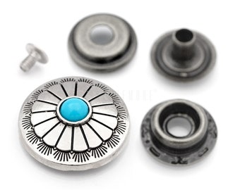 2 juegos de broches de concho de 24 mm con forma de moneda, con anilla y botón, con diseño de flor turquesa sintética, estilo Navajo, para billetera, cierre decorativo, para manualidades de cuero.