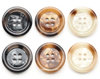 May include: Six four-hole buttons in various colors and patterns. The buttons are round and have a raised edge. The colors include black, brown, and white.