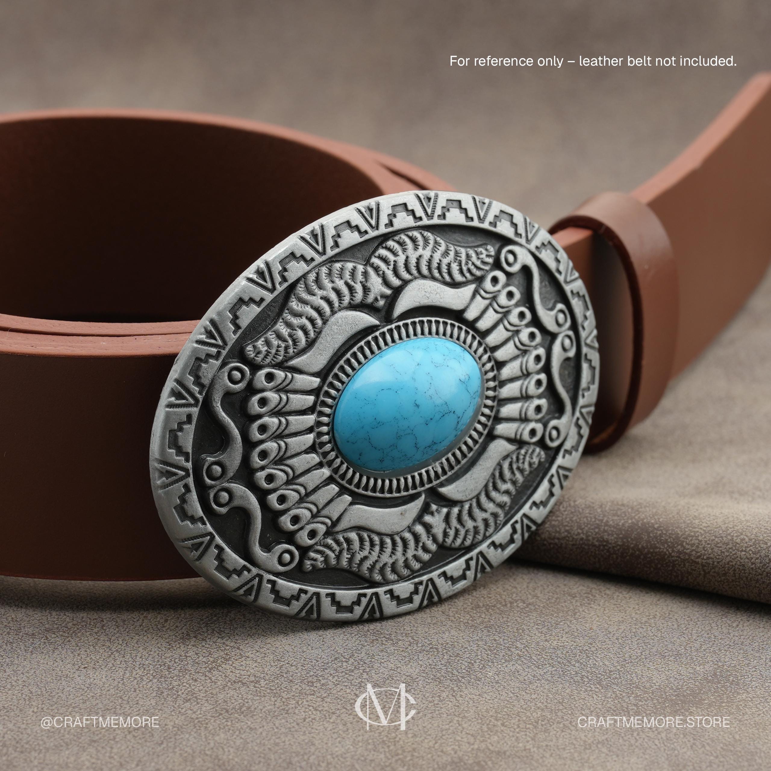 Silver Tone and Turquoise Concho Style Belt Buckle Oval Western Cowboy Rodeo Rectangular Concho with Turquoise Bead Buckle - AndWest main image 4
