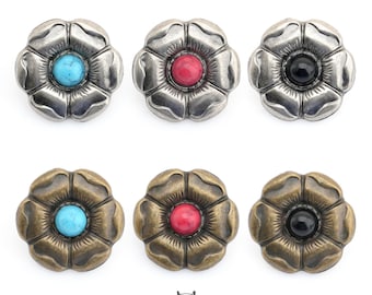 2 conchos de flores occidentales con centro de piedra preciosa sintética, cierre de rosca, latón antiguo o plata, detalles de marroquinería (S550)