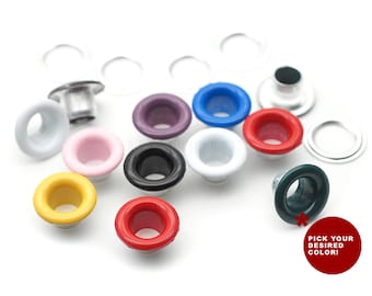 May include: Assortment of colorful metal eyelets in various colors including pink, yellow, green, blue, red, white, and black.  Pick your desired color!