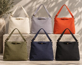 Relaxed Canvas Shoulder Bag, Large Everyday Crossbody Tote with Adjustable Strap and Inner Pockets D08