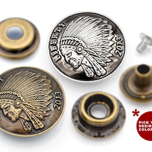 2 juegos de broches de concho de moneda india de 1-1/8 pulgadas, con anilla y botón, para billetera, cierre decorativo, para manualidades de cuero.