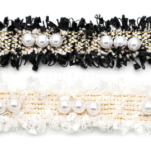 Tweed Lace with Faux Pearl Bead Edge Trim Ribbon Fabric Trimmings Embroidered Applique DIY Costume Sewing Craft TG-02172C