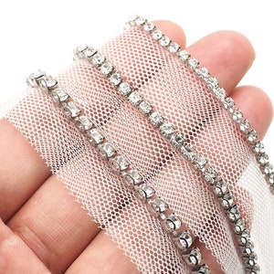Clear Rhinestone Trim Silver Tone with net, Crystal Trim, Rhinestone Chain, Cup Chain 1 Yard