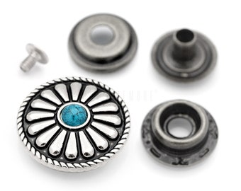 2 juegos de broches de concho de moneda de 1 pulgada, con anilla y botón, con flor turquesa sintética, estilo Navajo, para billetera, cierre decorativo, para manualidades de cuero.