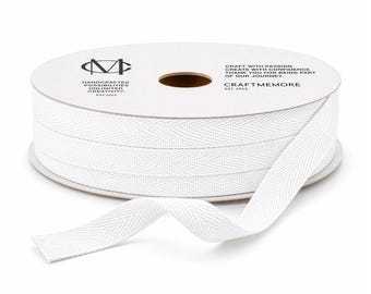White Cotton Herringbone Twill Tape, Binding Ribbon, Sewing Trim, Craft Supplies