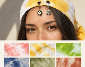 Tie Dye Cotton Headscarf with 6 Detachable Charms, Handmade 23 Inch Square Bandana