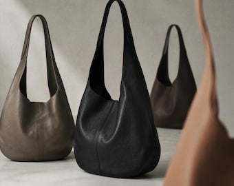 Full-Grain Cowhide Leather Hobo Bag, Pebbled Grain, Minimalist Silhouette