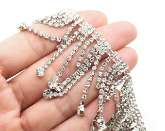 Garniture à franges en cristal et strass, chaîne de bonnets argentée, 1 mètre
