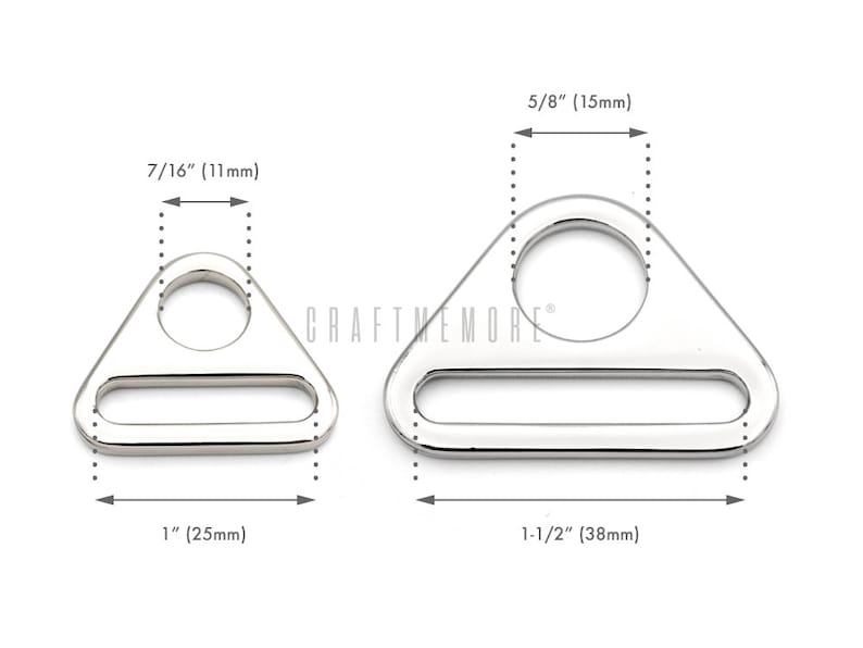May include: Two silver triangle-shaped metal rings with a round hole and a rectangular opening. The smaller ring measures 1 inch wide and 7/16 inch tall. The larger ring measures 1 1/2 inches wide and 5/8 inch tall.