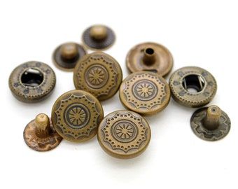 10sets Ottone antico Boho Lavabile Snap Fasteners S-Spring Socket Popper Chiusura Bottone Decorazione in pelle