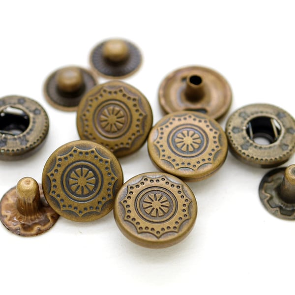 10sets Antique Brass Boho Lavable Snap Fasteners S-Spring Socket Popper Fermeture Bouton Décoration en cuir