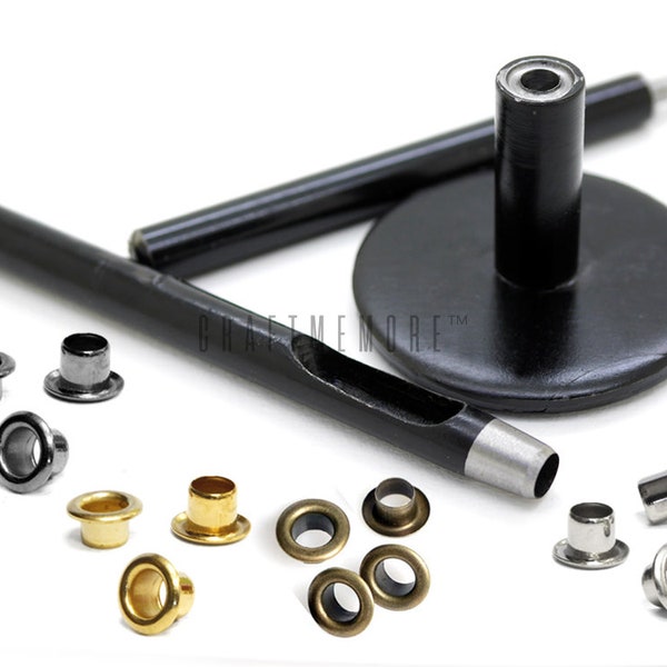 Grommet Tool Kit 2, 3, 4, 5, 7 MM Eyelet Setting Tool Grommet Setter Hole Punch Cutter & Pack of 100 Grommets (Model No.2)
