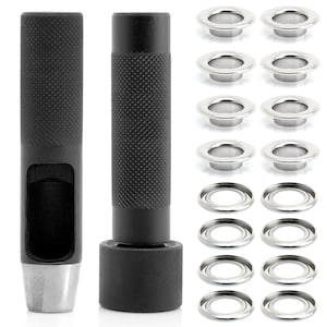 May include: A set of black metal hole punch tools with textured handles, alongside a collection of silver eyelets. The tools have a cylindrical shape with a cutting end. The eyelets are circular with a shiny finish, suitable for various craft projects.