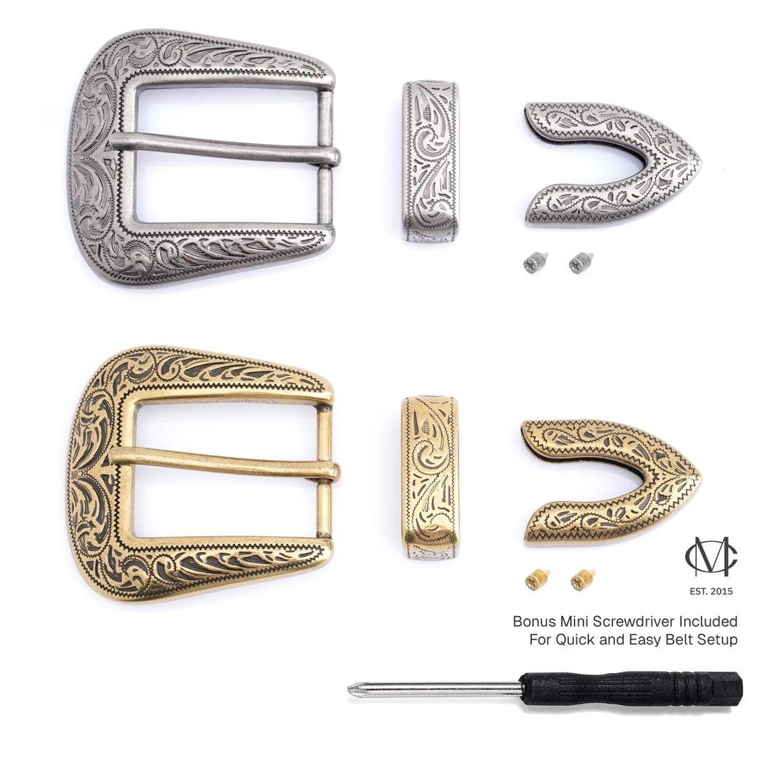 22mm Vintage Silver Western Cowboy Belt Buckle Set – Floral Engraved, 3-Piece