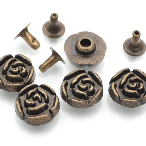 10pcs tiny Antique Brass, Bronze Rose Flower Rapid Rivet Leathercraft Studs Decorative Accessories for Bag Belt Clothes