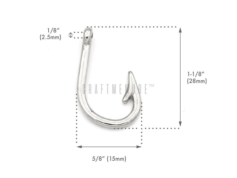 May include: Silver-toned metal hook charm with a 1-1/8 inch (28 mm) length and a 5/8 inch (15 mm) width. The hook is a simple design with a rounded loop and a pointed end.